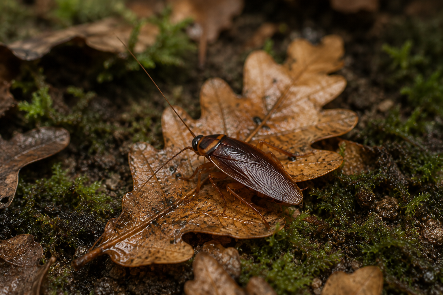 Cafard de jardin brun clair du genre Ectobius posé sur une feuille dans la litière d'un sous-bois