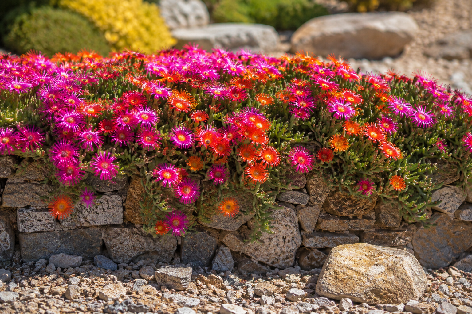 Tapis de pourpier vivace Delosperma en pleine floraison magenta et orange retombant sur un muret de pierre sèche