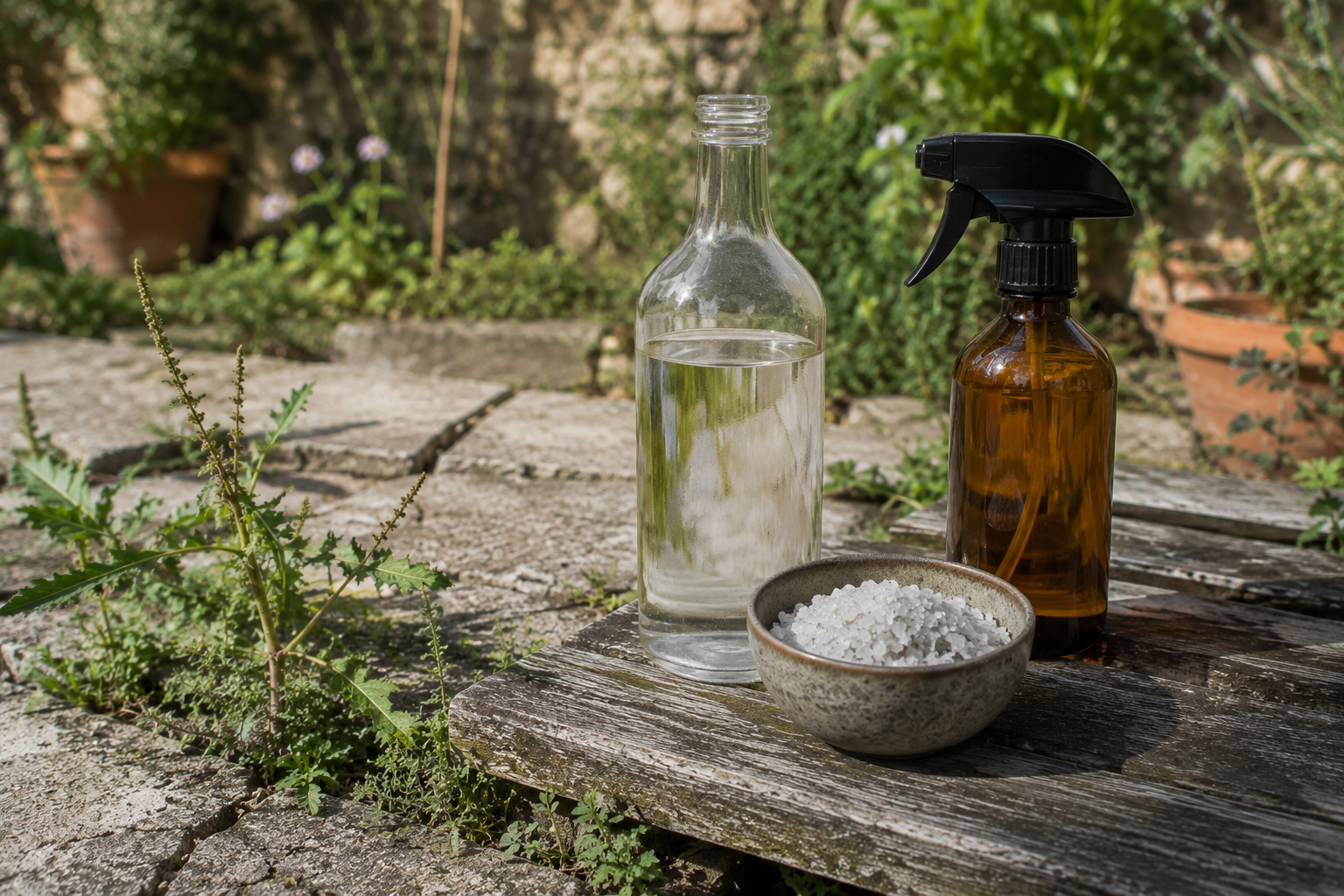 Bouteille de vinaigre blanc, bol de gros sel et pulvérisateur posés près de mauvaises herbes entre des dalles