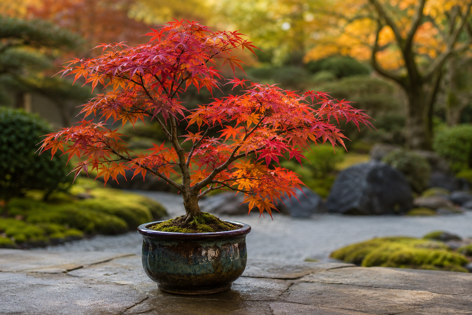 Petit érable du Japon nain au feuillage rouge découpé dans un pot en céramique sur une terrasse