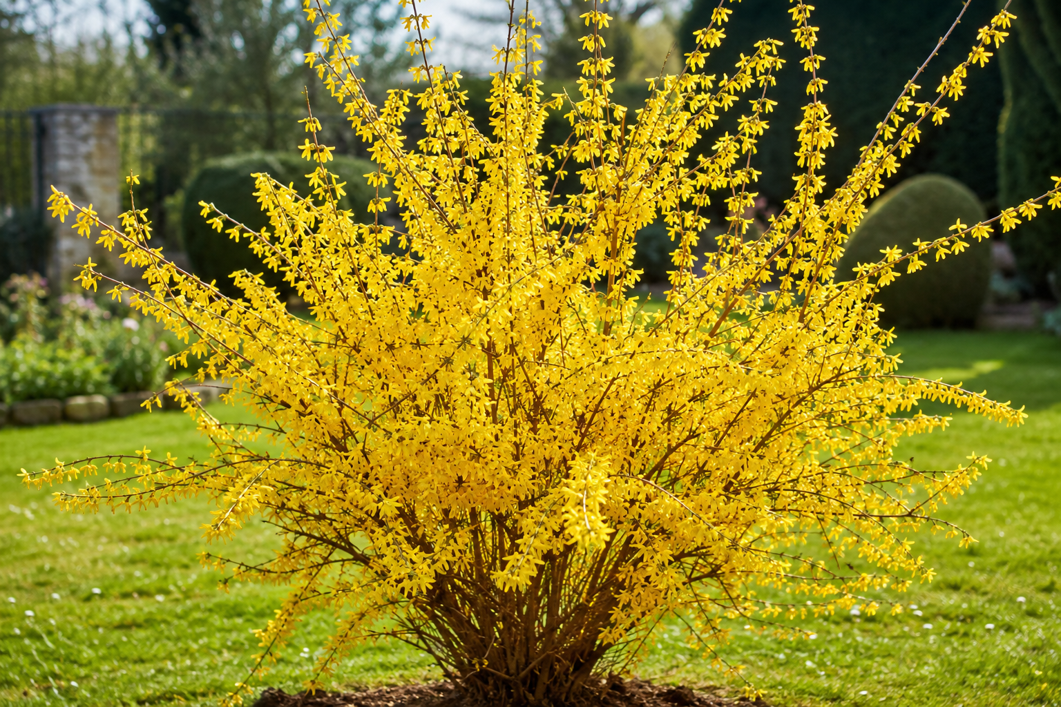 Arbuste de forsythia en pleine floraison couvert de fleurs jaune d'or sur des branches encore sans feuilles