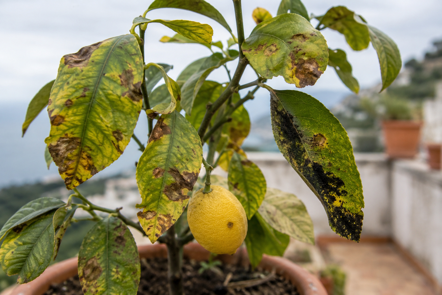 Feuillage de citronnier malade présentant des taches brunes, un jaunissement et un dépôt noir de fumagine