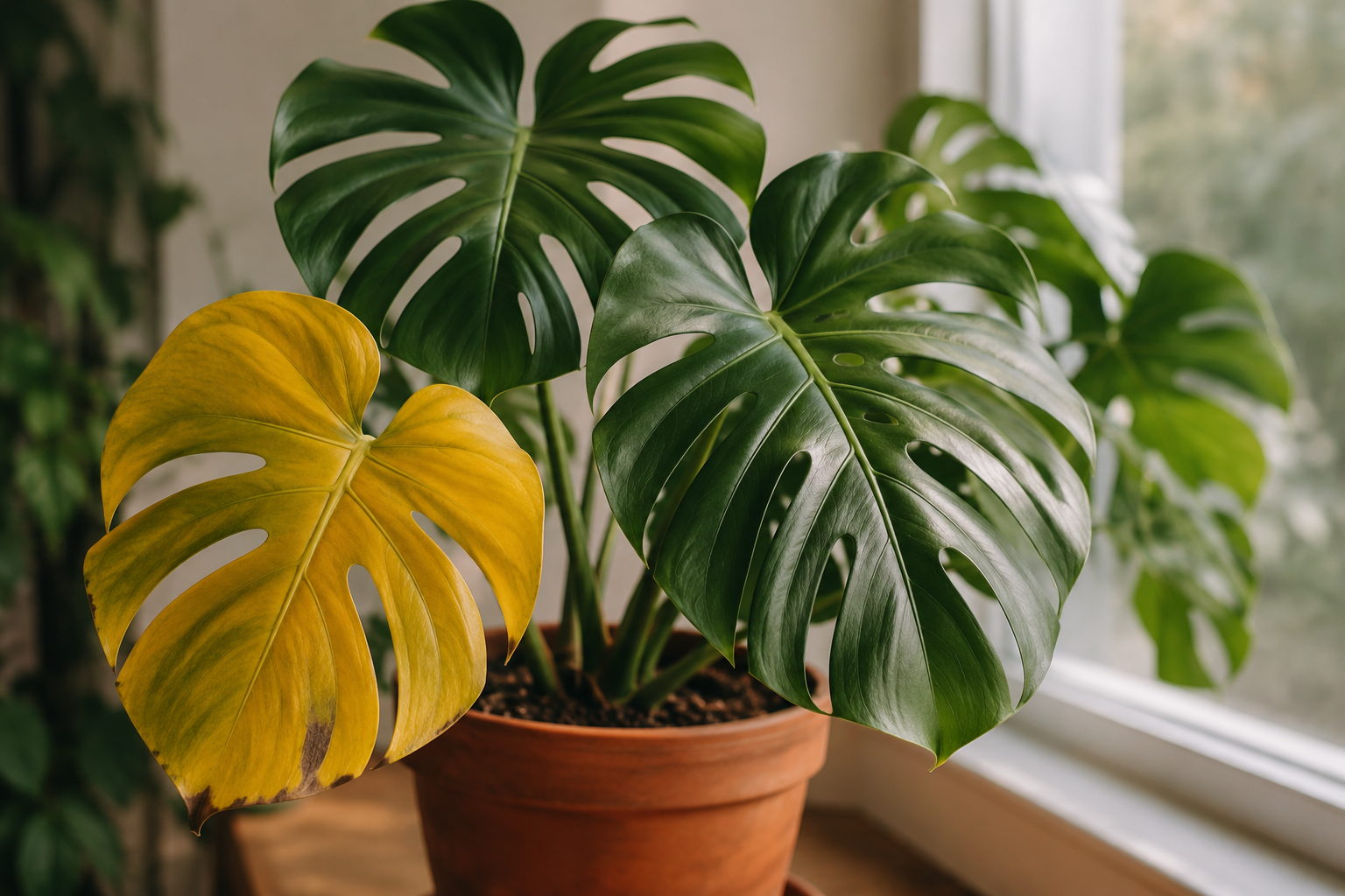 Monstera deliciosa d'intérieur dont une grande feuille découpée jaunit parmi un feuillage vert foncé