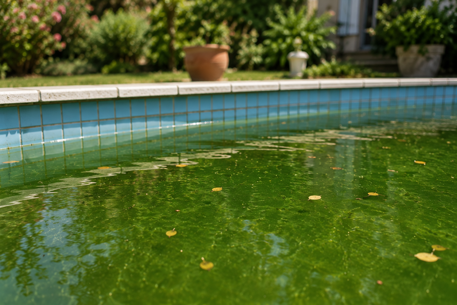 Eau verte et trouble d'une piscine envahie par les algues en plein été