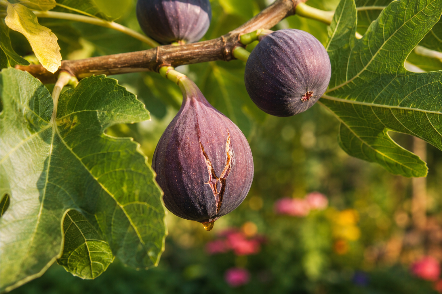 Figues violettes mûres sur un figuier, l'une penchée au bout de son pédoncule prête à être cueillie