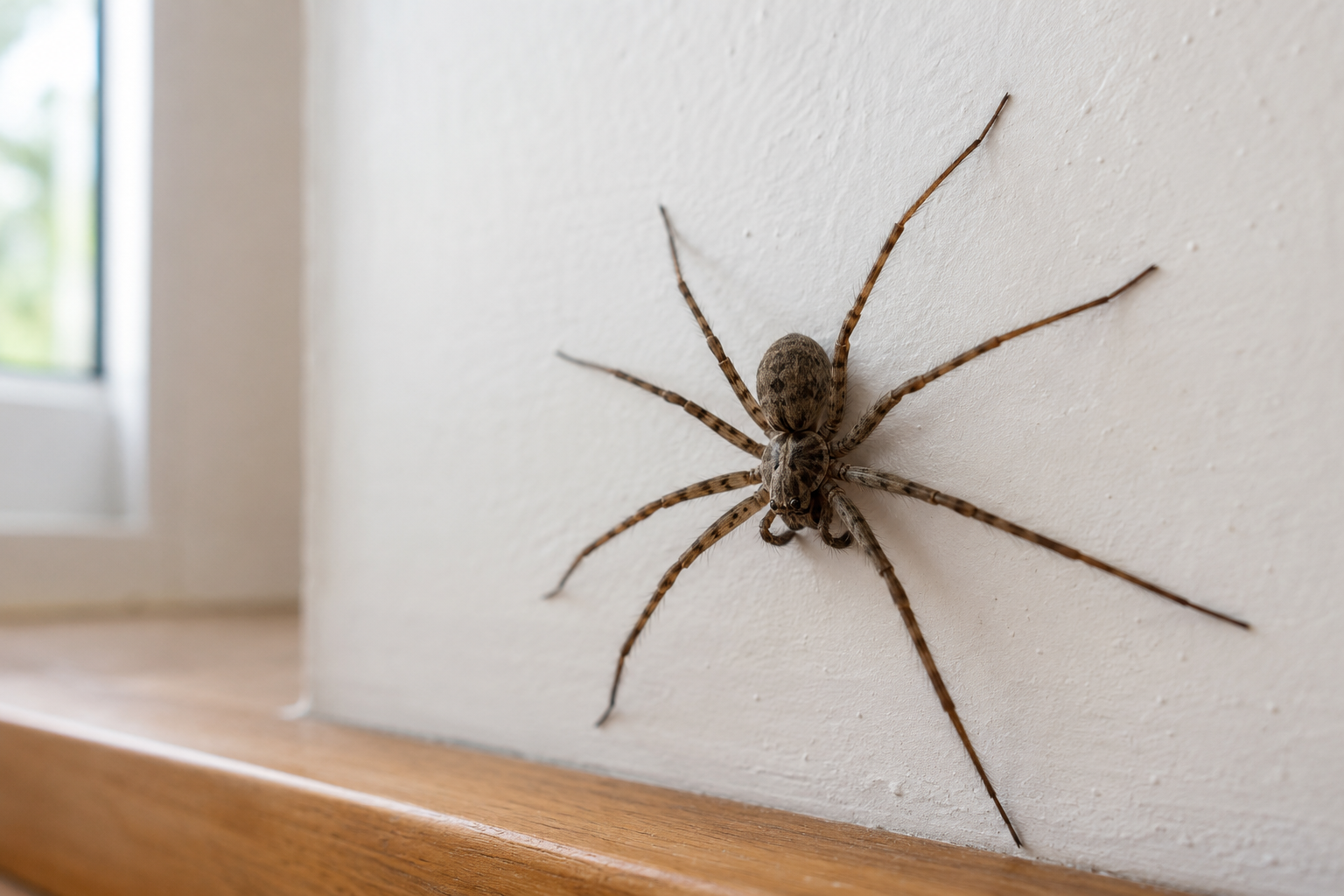 Grosse tégénaire aux longues pattes posée sur un mur blanc près d'une plinthe en bois
