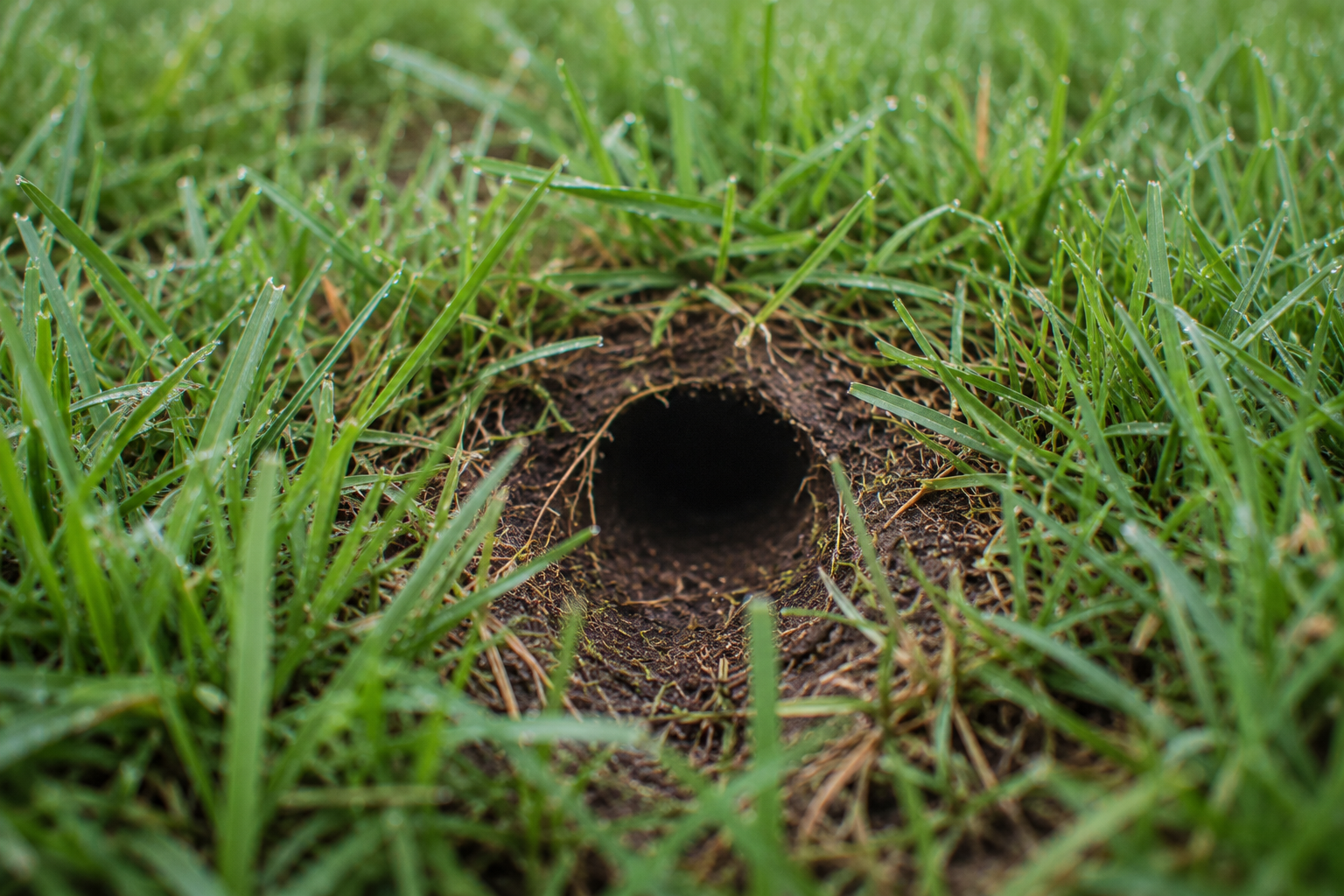 Petit trou rond de quatre centimètres dans une pelouse verte, sans monticule de terre autour